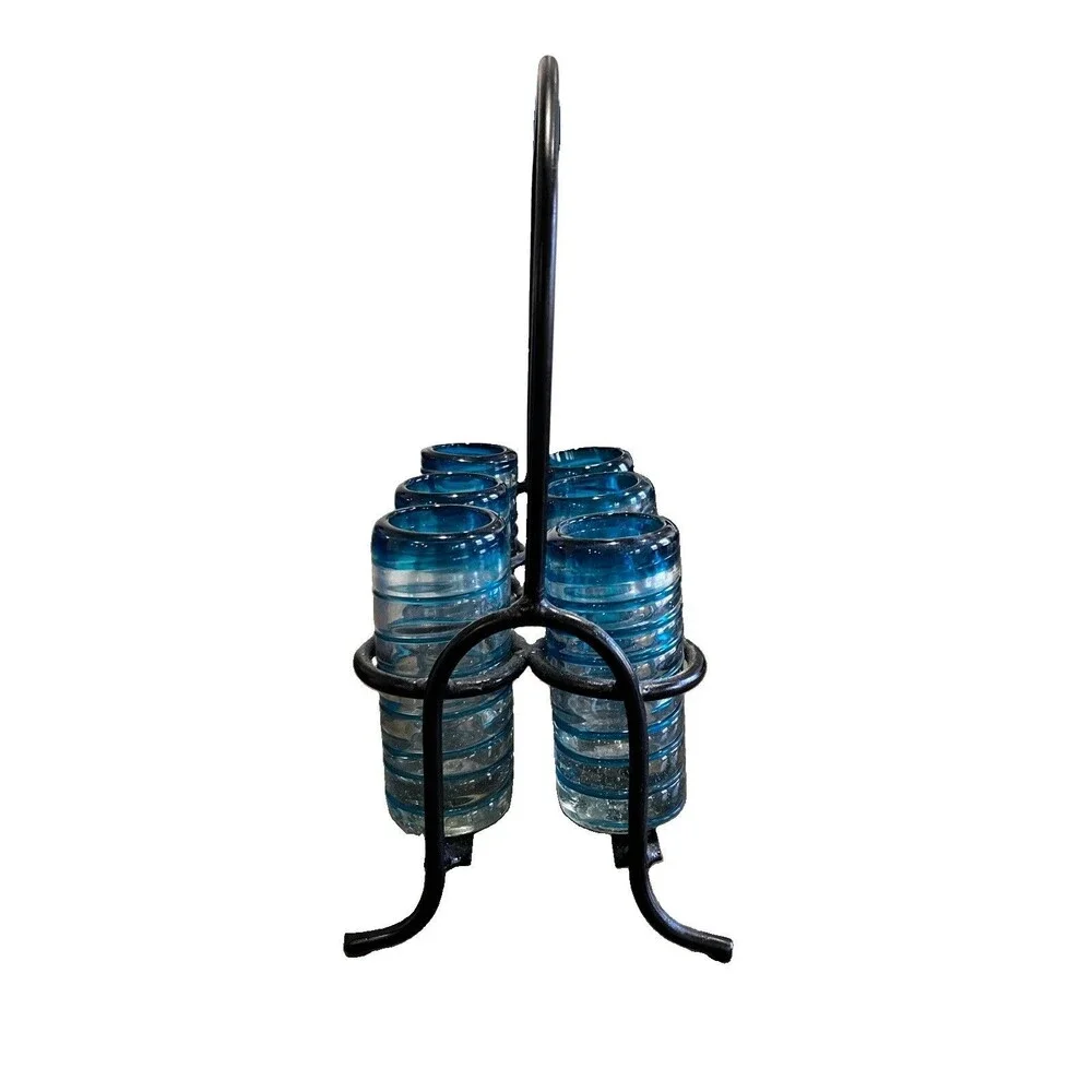 Set of 6 Mexican Hand Blown Confetti shot glasses and Metal Carrier, holder